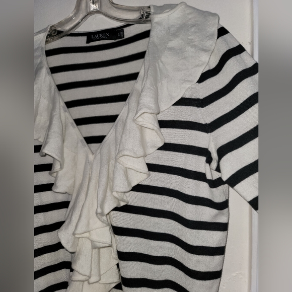 Lauren Ralph Lauren Ivory Polo Black Striped Ruffle Trim Cardigan Size Large - Picture 10 of 16
